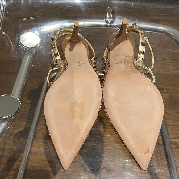 Valentino Rockstud Rose Metallic Sequins Heels - Picture 8 of 9